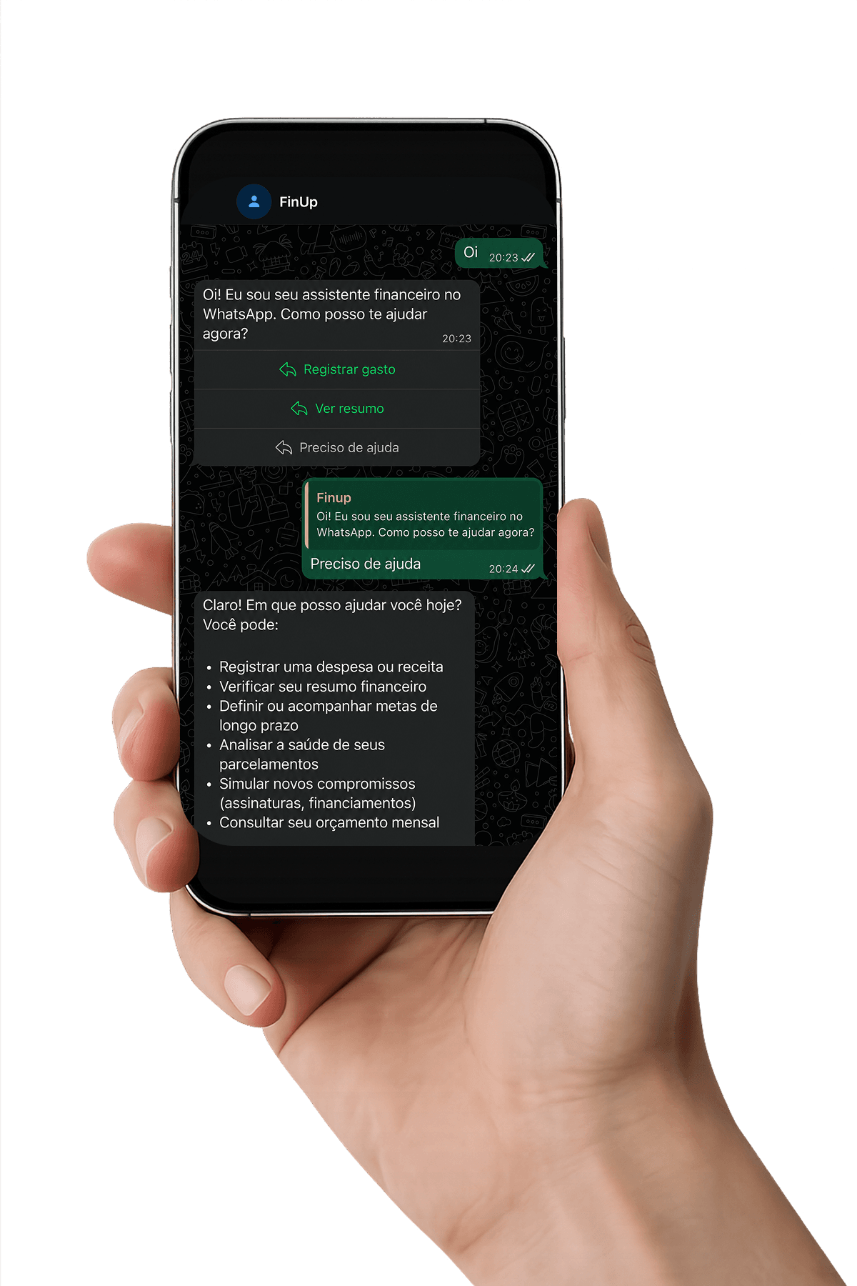 Conversa do FinUp no WhatsApp em um celular